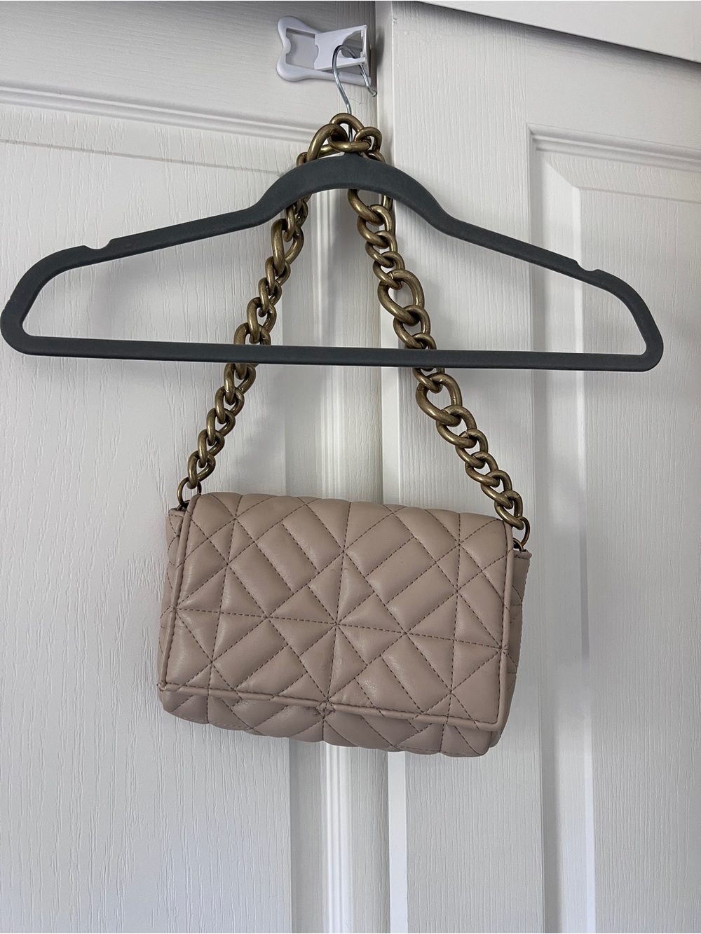 Zara Quilted Taupe Shoulder Bag with Chunky Gold Chain
